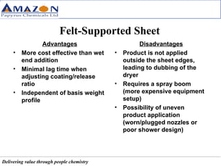 Felt-Supported Sheet Advantages More cost effective than wet end addition Minimal lag time when adjusting coating/release ratio Independent of basis weight profile Disadvantages Product is not applied outside the sheet edges, leading to dubbing of the dryer Requires a spray boom (more expensive equipment setup) Possibility of uneven product application (worn/plugged nozzles or poor shower design) 