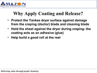 Why Apply Coating and Release? Protect the Yankee dryer surface against damage from the creping (doctor) blade and cleaning blade Hold the sheet against the dryer during creping- the coating acts as an adhesive (glue) Help build a good roll at the reel 