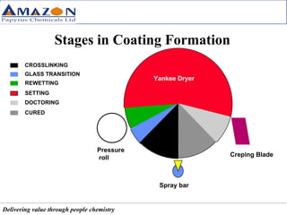 Stages in Coating Formation Pressure roll Spray bar Creping Blade Yankee Dryer CROSSLINKING CURED GLASS TRANSITION REWETTING DOCTORING SETTING 