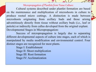 Micropropagation of Plantlets from Tissue Culture:
Cultural systems described under plantlet formation are based
on the maintenance and multiplication of microshoots in culture to
produce rooted micro cuttings. A distinction is made between
microshoots originating from axillary buds and those arising
adventitiously directly from tissue without axillary buds (i.e., leaf or
petiole) or indirectly from callus developed from the original explant.
Developmental Stages in Micropropagation:
Success of micropropagation is largely due to separating
different developmental aspects of culture into stages, each of which is
manipulated by media modification and environmental control. Four
distinct stages are recognized for most plants.
Stage I: Establishment
Stage II: Shoot multiplication
Stage III: Root formation
Stage IV: Acclimatization
 