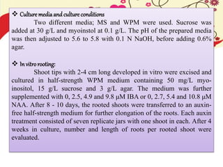  Culture mediaand culture conditions
Two different media; MS and WPM were used. Sucrose was
added at 30 g/L and myoinstol at 0.1 g/L. The pH of the prepared media
was then adjusted to 5.6 to 5.8 with 0.1 N NaOH, before adding 0.6%
agar.
 In vitrorooting:
Shoot tips with 2-4 cm long developed in vitro were excised and
cultured in half-strength WPM medium containing 50 mg/L myo-
inositol, 15 g/L sucrose and 3 g/L agar. The medium was further
supplemented with 0, 2.5, 4.9 and 9.8 μM IBA or 0, 2.7, 5.4 and 10.8 μM
NAA. After 8 - 10 days, the rooted shoots were transferred to an auxin-
free half-strength medium for further elongation of the roots. Each auxin
treatment consisted of seven replicate jars with one shoot in each. After 4
weeks in culture, number and length of roots per rooted shoot were
evaluated.
 