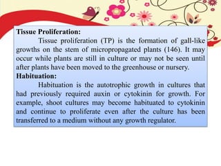 Tissue Proliferation:
Tissue proliferation (TP) is the formation of gall-like
growths on the stem of micropropagated plants (146). It may
occur while plants are still in culture or may not be seen until
after plants have been moved to the greenhouse or nursery.
Habituation:
Habituation is the autotrophic growth in cultures that
had previously required auxin or cytokinin for growth. For
example, shoot cultures may become habituated to cytokinin
and continue to proliferate even after the culture has been
transferred to a medium without any growth regulator.
 