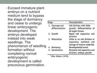 • Excised immature plant
embryo on a nutrient
medium tend to bypass
the stage of dormancy
and cease to undergo
linear embryogenic
development. The
embryo developed
instead into weak
seedlings. The
phenomenon of seedling
formation without
completing normal
embryogenic
development is called
precocious germination.
 