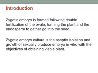 Introduction
Zygotic embryo is formed following double
fertilization of the ovule, forming the plant and the
endosperm to gather go into the seed.
Zygotic embryo culture is the aseptic isolation and
growth of sexually produce embryo in vitro with the
objectives of obtaining viable plant.
 