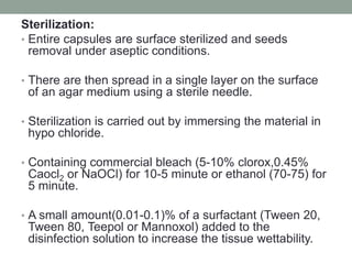 Sterilization:
• Entire capsules are surface sterilized and seeds
removal under aseptic conditions.
• There are then spread in a single layer on the surface
of an agar medium using a sterile needle.
• Sterilization is carried out by immersing the material in
hypo chloride.
• Containing commercial bleach (5-10% clorox,0.45%
Caocl2 or NaOCl) for 10-5 minute or ethanol (70-75) for
5 minute.
• A small amount(0.01-0.1)% of a surfactant (Tween 20,
Tween 80, Teepol or Mannoxol) added to the
disinfection solution to increase the tissue wettability.
 
