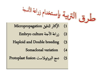 (1‫ادلقيق‬ ‫ثار‬‫ك‬‫ال‬Micropropagation
(2‫جنة‬‫ال‬ ‫زراعة‬Embryo culture
(3Haploid and Double breeding
(4Somaclonal variation
(5‫بلست‬‫و‬‫الربوت‬ ‫دمج‬Protoplast fusion
 