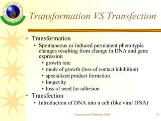 Experimental Methods 2006 15
Transformation VS Transfection
• Transformation
• Spontaneous or induced permanent phenotypic...