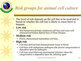 Experimental Methods 2006 39
Risk groups for animal cell culture
• The level of risk depends on the cell line to be used a...