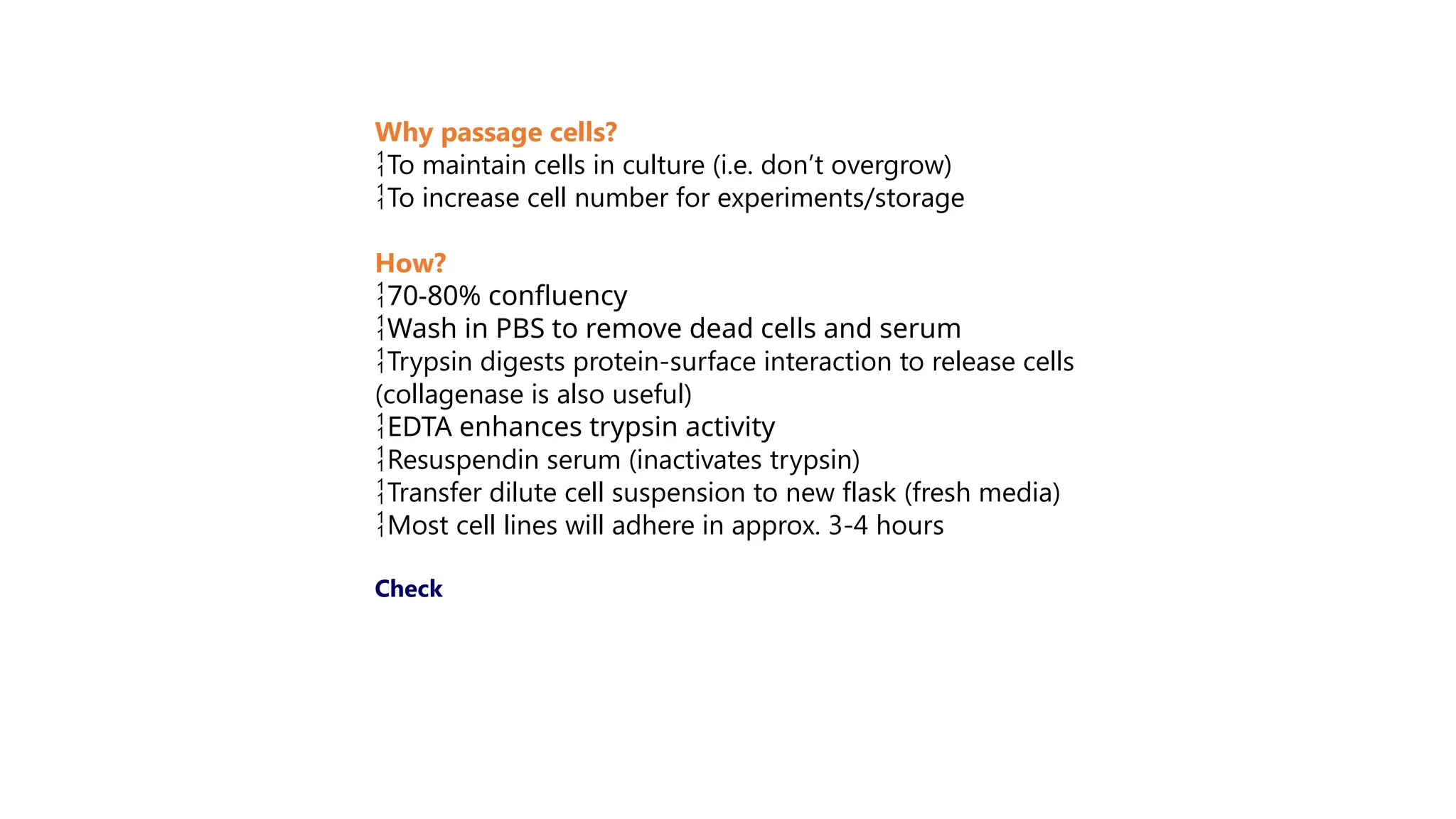 Why passage cells?
To maintain cells in culture (i.e. don’t overgrow)
To increase cell number for experiments/storage
How?
70-80% confluency
Wash in PBS to remove dead cells and serum
Trypsin digests protein-surface interaction to release cells
(collagenase is also useful)
EDTA enhances trypsin activity
Resuspendin serum (inactivates trypsin)
Transfer dilute cell suspension to new flask (fresh media)
Most cell lines will adhere in approx. 3-4 hours
Check
 