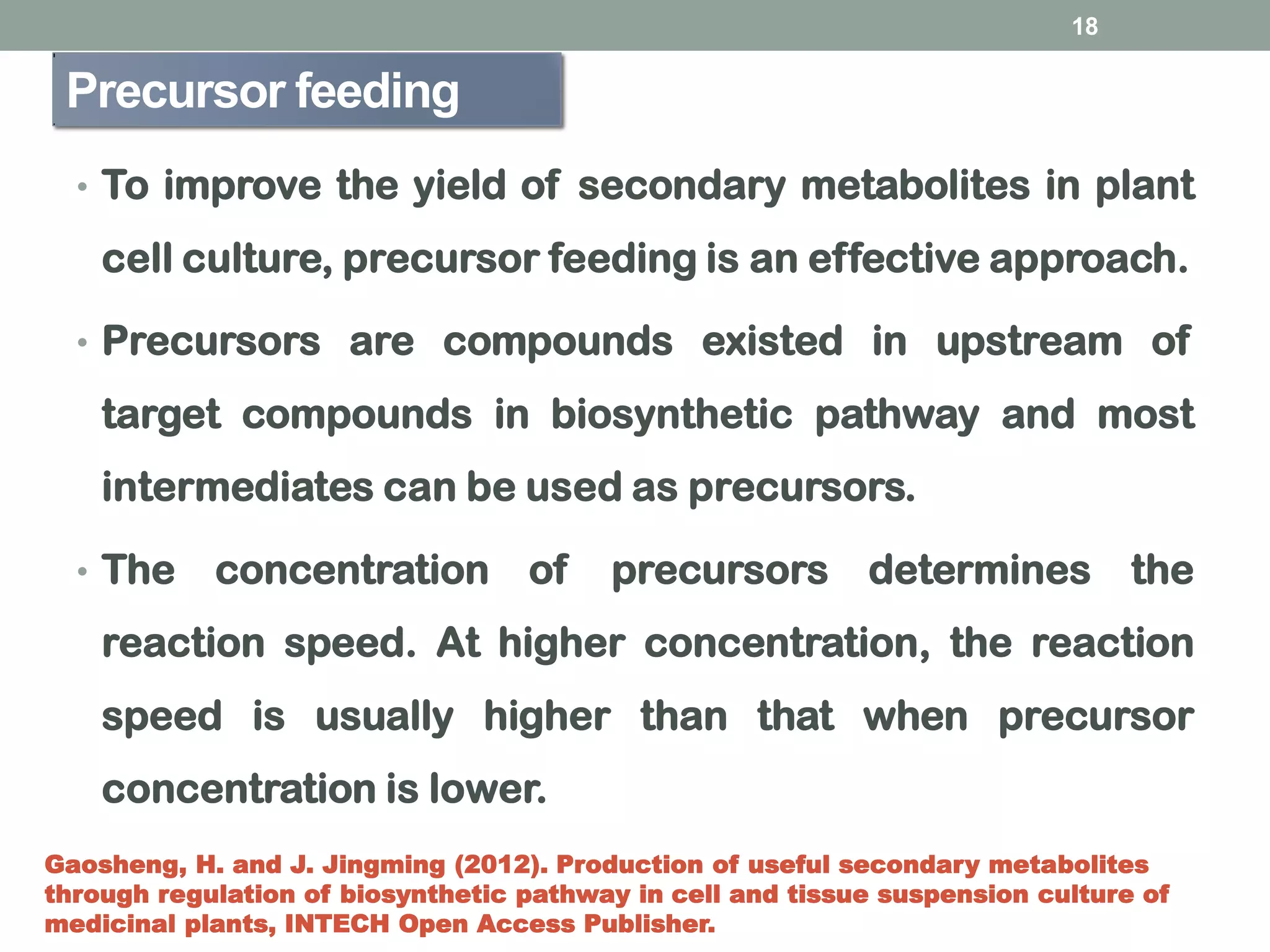 • To improve the yield of secondary metabolites in plant
cell culture, precursor feeding is an effective approach.
• Precursors are compounds existed in upstream of
target compounds in biosynthetic pathway and most
intermediates can be used as precursors.
• The concentration of precursors determines the
reaction speed. At higher concentration, the reaction
speed is usually higher than that when precursor
concentration is lower.
18
Precursor feeding
Gaosheng, H. and J. Jingming (2012). Production of useful secondary metabolites
through regulation of biosynthetic pathway in cell and tissue suspension culture of
medicinal plants, INTECH Open Access Publisher.
 