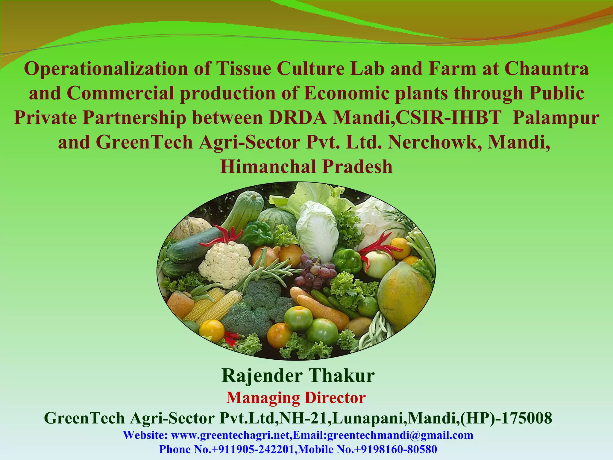 Operationalization of Tissue Culture Lab and Farm at Chauntra
 and Commercial production of Economic plants through Public
Private Partnership between DRDA Mandi,CSIR-IHBT Palampur
     and GreenTech Agri-Sector Pvt. Ltd. Nerchowk, Mandi,
                       Himanchal Pradesh




                             Rajender Thakur
                          Managing Director
   GreenTech Agri-Sector Pvt.Ltd,NH-21,Lunapani,Mandi,(HP)-175008
            Website: www.greentechagri.net,Email:greentechmandi@gmail.com
                  Phone No.+911905-242201,Mobile No.+9198160-80580
 