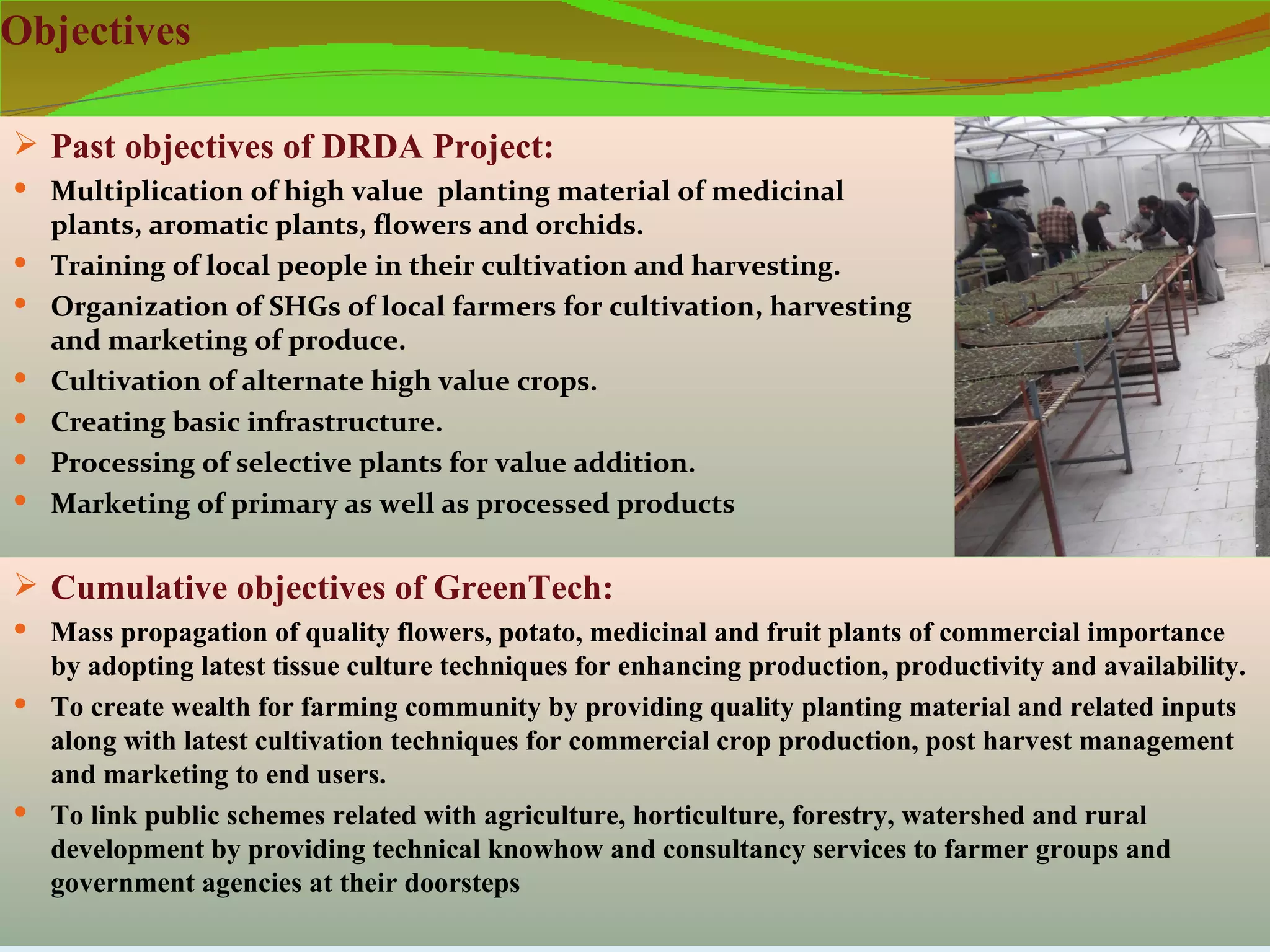 Objectives

 Past objectives of DRDA Project:
 Multiplication of high value planting material of medicinal
    plants, aromatic plants, flowers and orchids.
   Training of local people in their cultivation and harvesting.
   Organization of SHGs of local farmers for cultivation, harvesting
    and marketing of produce.
   Cultivation of alternate high value crops.
   Creating basic infrastructure.
   Processing of selective plants for value addition.
   Marketing of primary as well as processed products

 Cumulative objectives of GreenTech:
 Mass propagation of quality flowers, potato, medicinal and fruit plants of commercial importance
  by adopting latest tissue culture techniques for enhancing production, productivity and availability.
 To create wealth for farming community by providing quality planting material and related inputs
  along with latest cultivation techniques for commercial crop production, post harvest management
  and marketing to end users.
 To link public schemes related with agriculture, horticulture, forestry, watershed and rural
  development by providing technical knowhow and consultancy services to farmer groups and
  government agencies at their doorsteps
 