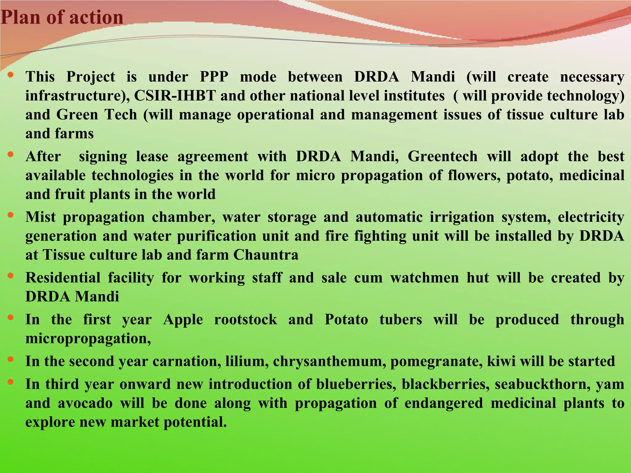 Plan of action

 This Project is under PPP mode between DRDA Mandi (will create necessary
    infrastructure), CSIR-IHBT and other national level institutes ( will provide technology)
    and Green Tech (will manage operational and management issues of tissue culture lab
    and farms
   After signing lease agreement with DRDA Mandi, Greentech will adopt the best
    available technologies in the world for micro propagation of flowers, potato, medicinal
    and fruit plants in the world
   Mist propagation chamber, water storage and automatic irrigation system, electricity
    generation and water purification unit and fire fighting unit will be installed by DRDA
    at Tissue culture lab and farm Chauntra
   Residential facility for working staff and sale cum watchmen hut will be created by
    DRDA Mandi
   In the first year Apple rootstock and Potato tubers will be produced through
    micropropagation,
   In the second year carnation, lilium, chrysanthemum, pomegranate, kiwi will be started
   In third year onward new introduction of blueberries, blackberries, seabuckthorn, yam
    and avocado will be done along with propagation of endangered medicinal plants to
    explore new market potential.
 