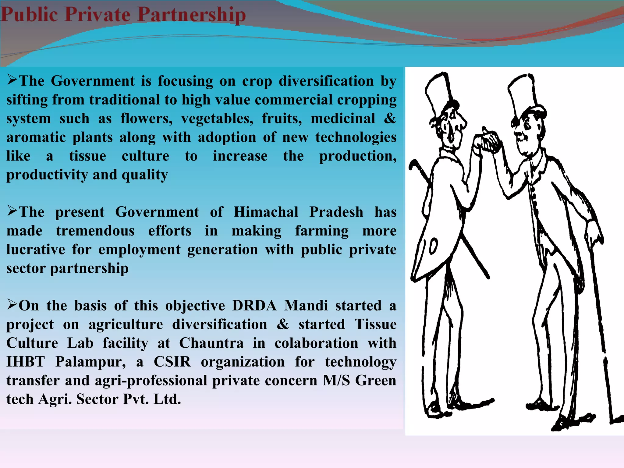The Government is focusing on crop diversification by
sifting from traditional to high value commercial cropping
system such as flowers, vegetables, fruits, medicinal &
aromatic plants along with adoption of new technologies
like a tissue culture to increase the production,
productivity and quality

The present Government of Himachal Pradesh has
made tremendous efforts in making farming more
lucrative for employment generation with public private
sector partnership

On the basis of this objective DRDA Mandi started a
project on agriculture diversification & started Tissue
Culture Lab facility at Chauntra in colaboration with
IHBT Palampur, a CSIR organization for technology
transfer and agri-professional private concern M/S Green
tech Agri. Sector Pvt. Ltd.
 