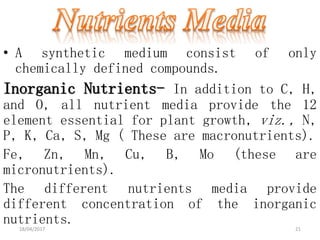 • A synthetic medium consist of only
chemically defined compounds.
Inorganic Nutrients- In addition to C, H,
and O, all nutrient media provide the 12
element essential for plant growth, viz., N,
P, K, Ca, S, Mg ( These are macronutrients).
Fe, Zn, Mn, Cu, B, Mo (these are
micronutrients).
The different nutrients media provide
different concentration of the inorganic
nutrients.
18/04/2017 21
 