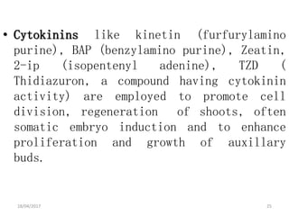 • Cytokinins like kinetin (furfurylamino
purine), BAP (benzylamino purine), Zeatin,
2-ip (isopentenyl adenine), TZD (
Thidiazuron, a compound having cytokinin
activity) are employed to promote cell
division, regeneration of shoots, often
somatic embryo induction and to enhance
proliferation and growth of auxillary
buds.
18/04/2017 25
 