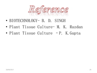 • BIOTECHNOLOGY- B. D. SINGH
• Plant Tissue Culture- M. K. Razdan
• Plant Tissue Culture –P. K.Gupta
18/04/2017 29
 