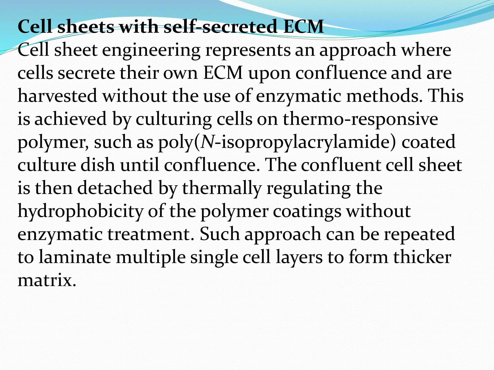 Cell sheets with self-secreted ECM
Cell sheet engineering represents an approach where
cells secrete their own ECM upon confluence and are
harvested without the use of enzymatic methods. This
is achieved by culturing cells on thermo-responsive
polymer, such as poly(N-isopropylacrylamide) coated
culture dish until confluence. The confluent cell sheet
is then detached by thermally regulating the
hydrophobicity of the polymer coatings without
enzymatic treatment. Such approach can be repeated
to laminate multiple single cell layers to form thicker
matrix.
 
