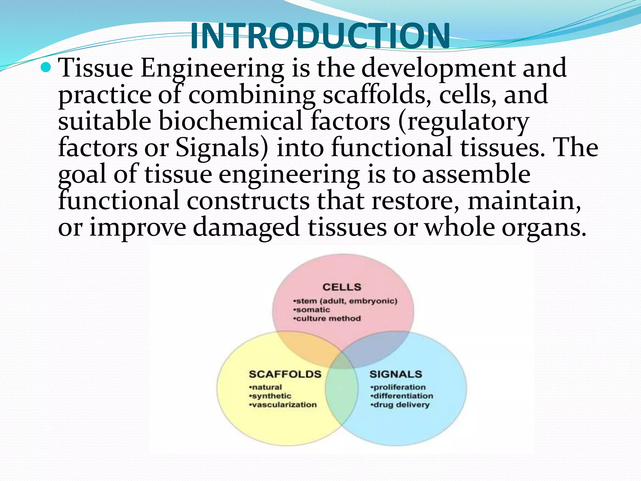 INTRODUCTION
 Tissue Engineering is the development and
practice of combining scaffolds, cells, and
suitable biochemical factors (regulatory
factors or Signals) into functional tissues. The
goal of tissue engineering is to assemble
functional constructs that restore, maintain,
or improve damaged tissues or whole organs.
 