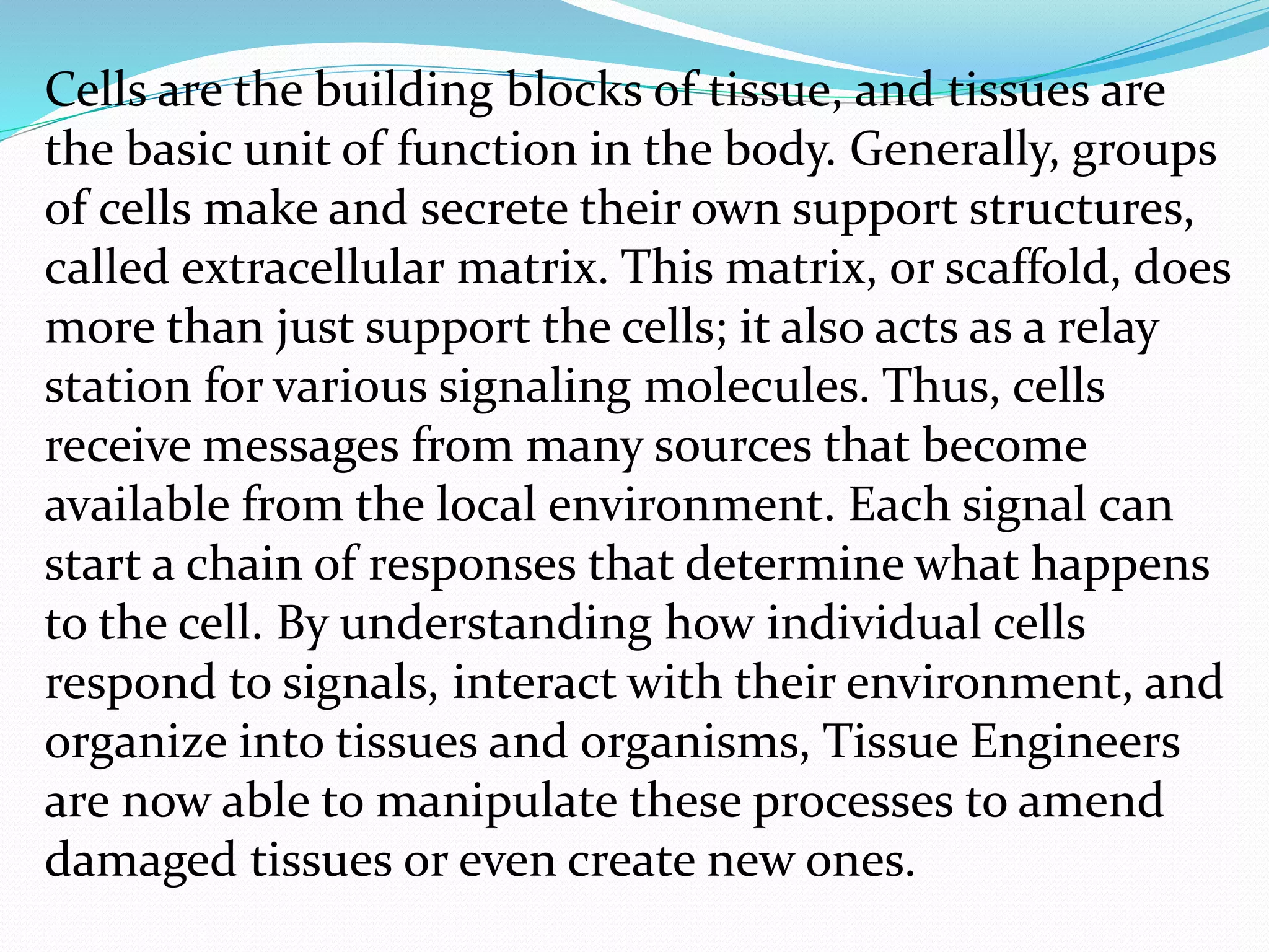 Cells are the building blocks of tissue, and tissues are
the basic unit of function in the body. Generally, groups
of cells make and secrete their own support structures,
called extracellular matrix. This matrix, or scaffold, does
more than just support the cells; it also acts as a relay
station for various signaling molecules. Thus, cells
receive messages from many sources that become
available from the local environment. Each signal can
start a chain of responses that determine what happens
to the cell. By understanding how individual cells
respond to signals, interact with their environment, and
organize into tissues and organisms, Tissue Engineers
are now able to manipulate these processes to amend
damaged tissues or even create new ones.
 