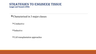 Strategies to Engineer Tissue
Langer and Vacanti (1993)
Characterised in 3 major classes
Conductive
Inductive
Cell transplantation approaches
 