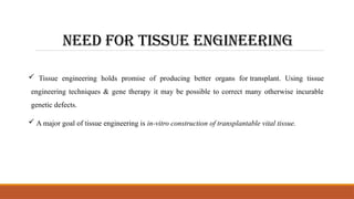 Need for tissue engineering
 Tissue engineering holds promise of producing better organs for transplant. Using tissue
engineering techniques & gene therapy it may be possible to correct many otherwise incurable
genetic defects.
 A major goal of tissue engineering is in-vitro construction of transplantable vital tissue.
 