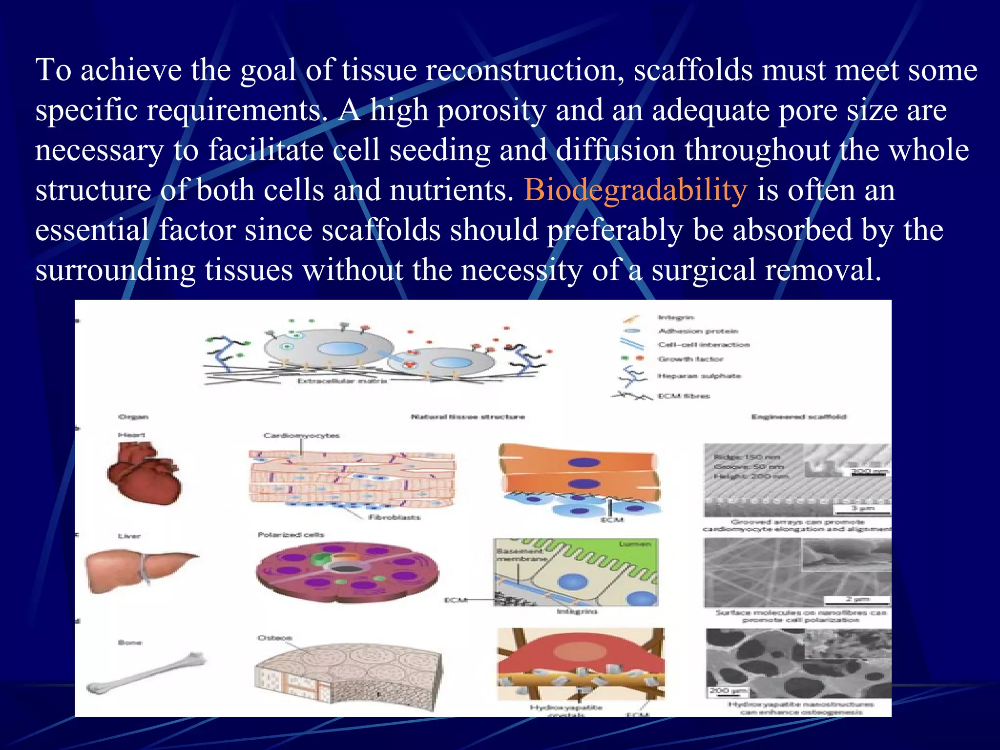 To achieve the goal of tissue reconstruction, scaffolds must meet some
specific requirements. A high porosity and an adequate pore size are
necessary to facilitate cell seeding and diffusion throughout the whole
structure of both cells and nutrients. Biodegradability is often an
essential factor since scaffolds should preferably be absorbed by the
surrounding tissues without the necessity of a surgical removal.
 