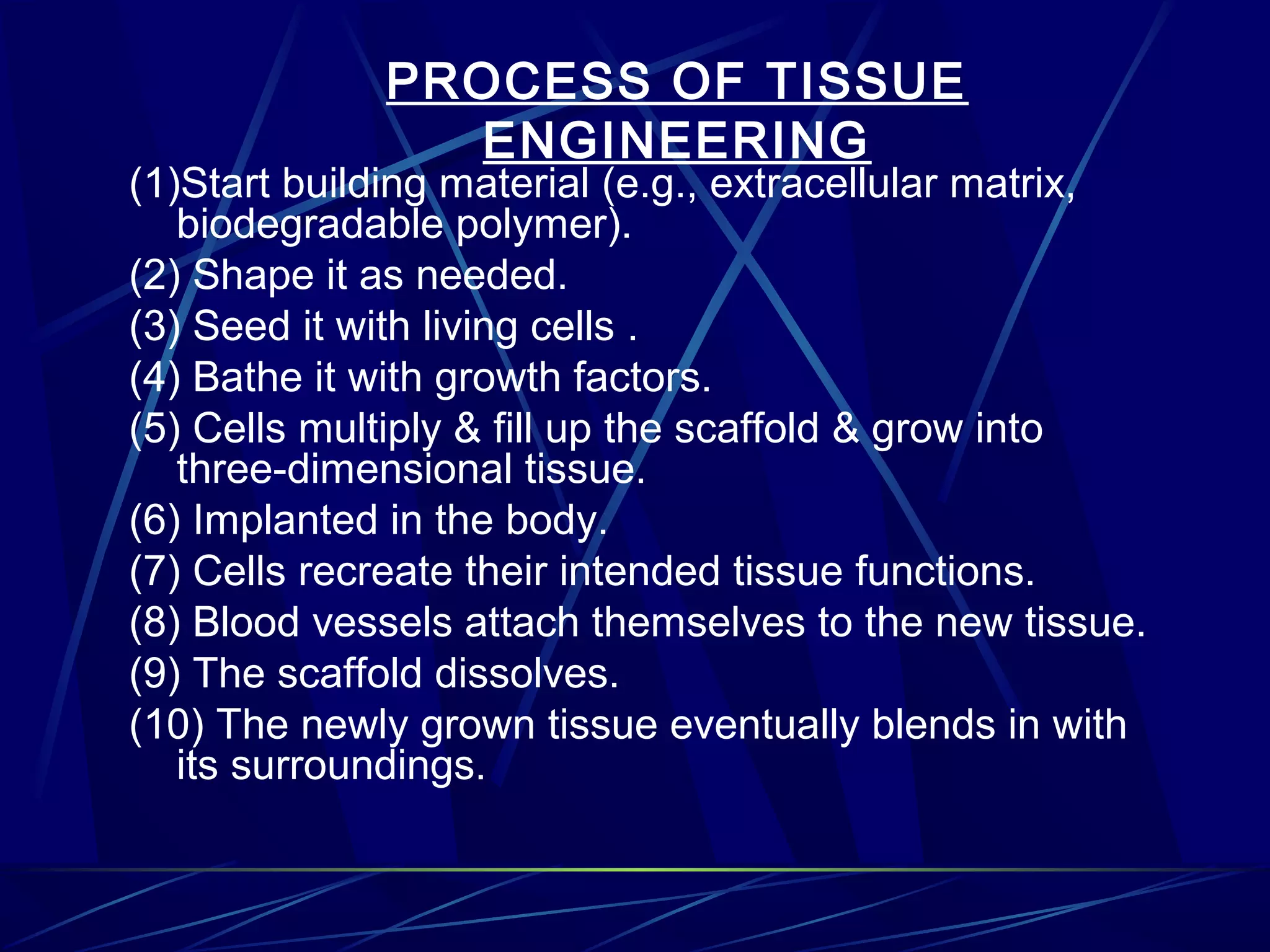 PROCESS OF TISSUE
ENGINEERING
(1)Start building material (e.g., extracellular matrix,
biodegradable polymer).
(2) Shape it as needed.
(3) Seed it with living cells .
(4) Bathe it with growth factors.
(5) Cells multiply & fill up the scaffold & grow into
three-dimensional tissue.
(6) Implanted in the body.
(7) Cells recreate their intended tissue functions.
(8) Blood vessels attach themselves to the new tissue.
(9) The scaffold dissolves.
(10) The newly grown tissue eventually blends in with
its surroundings.
 