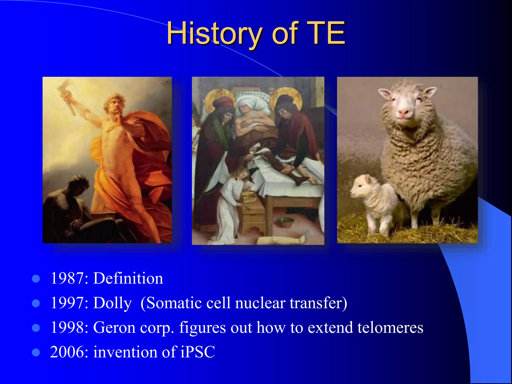 History of TE
 1987: Definition
 1997: Dolly (Somatic cell nuclear transfer)
 1998: Geron corp. figures out how to extend telomeres
 2006: invention of iPSC
 