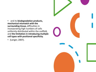 • and its biodegradation products,
mechanical mismatch with the
surrounding tissue, difficulties in
incorporating high numbers of cells
uniformly distributed within the scaffold,
and the limitation in introducing multiple
cell types with positional specificity.
• (Langer, 2007).
 