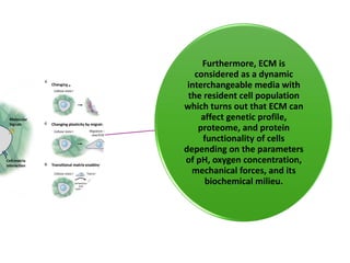 Furthermore, ECM is
considered as a dynamic
interchangeable media with
the resident cell population
which turns out that ECM can
affect genetic profile,
proteome, and protein
functionality of cells
depending on the parameters
of pH, oxygen concentration,
mechanical forces, and its
biochemical milieu.
 