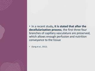 • In a recent study, it is stated that after the
decellularization process, the first three four
branches of capillary vasculature are preserved,
which allows enough perfusion and nutrition
conveyance to the tissue
• (Sarig et al., 2012).
 