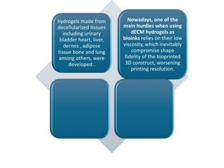 hydrogels made from
decellularized tissues
including urinary
bladder heart, liver,
dermis , adipose
tissue bone and lung
among others, were
developed .
Nowadays, one of the
main hurdles when using
dECM hydrogels as
bioinks relies on their low
viscosity, which inevitably
compromise shape
fidelity of the bioprinted
3D construct, worsening
printing resolution.
 