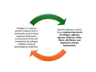 Natural polymers used in
tissue engineering consist
of collagen, alginate,
agarose, chitosan, chitin,
fibrin, silk fibroin, and
hyaluronic acid (or
hyaluronan).
Collagen is a natural
protein material that is
commonly used in tissue
engineering because
environment of the cell
metabolism by collagen
scaffold is close to
physiological conditions.
 