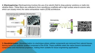 2. Electrospinning: Electrospinning involves the use of an electric field to draw polymer solutions or melts into
ultrafine fibers. These fibers are collected to form nanofibrous scaffolds with a high surface area-to-volume ratio,
which can closely mimic the native extracellular matrix (ECM) architecture.
3. Decellularization: Decellularization is a technique where cellular components are removed from natural tissues,
leaving behind an acellular scaffold composed of the ECM. These scaffolds retain the native tissue's biochemical
composition and mechanical properties, making them suitable for tissue engineering applications.
 