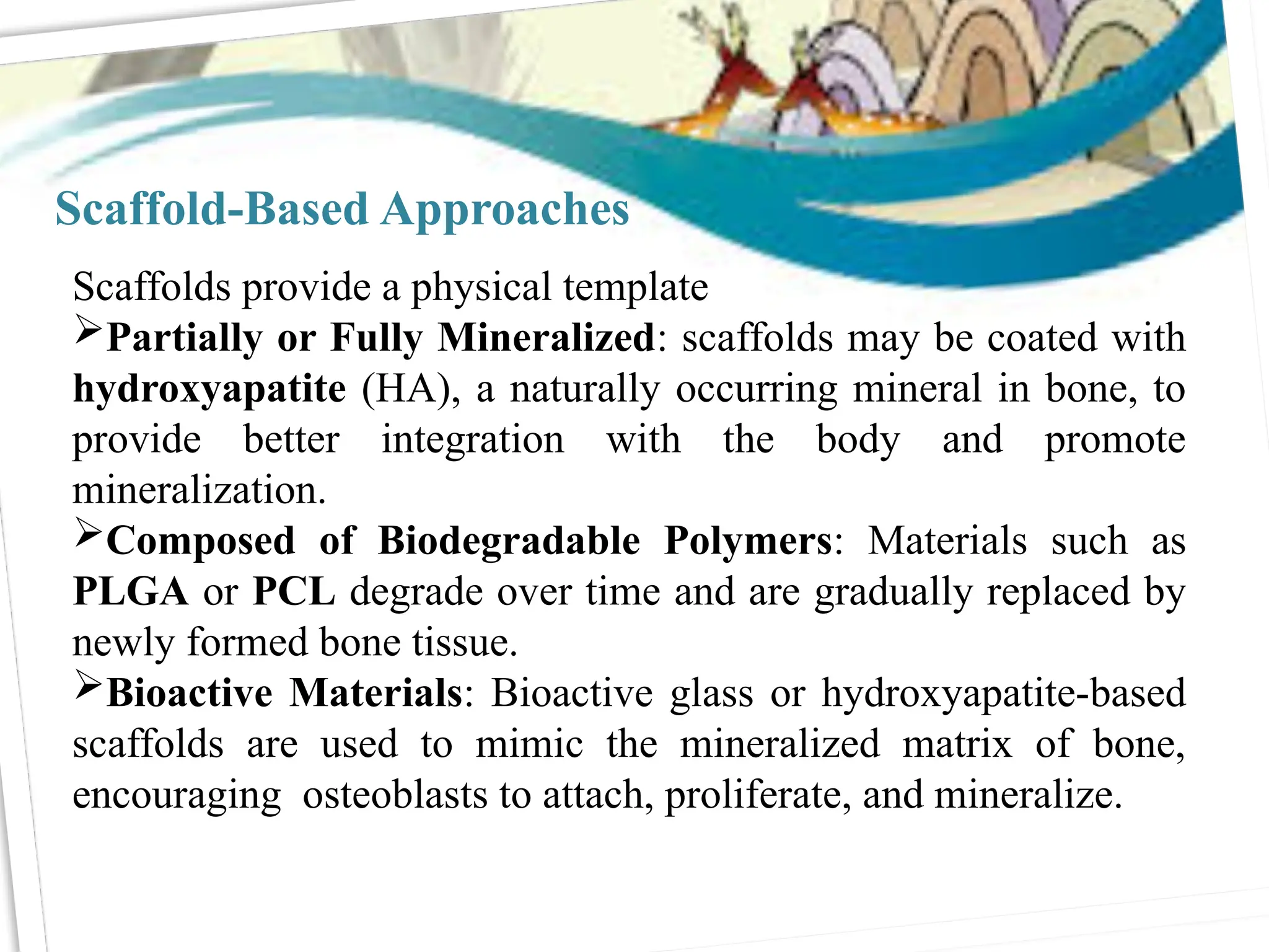 Scaffolds provide a physical template
Partially or Fully Mineralized: scaffolds may be coated with
hydroxyapatite (HA), a naturally occurring mineral in bone, to
provide better integration with the body and promote
mineralization.
Composed of Biodegradable Polymers: Materials such as
PLGA or PCL degrade over time and are gradually replaced by
newly formed bone tissue.
Bioactive Materials: Bioactive glass or hydroxyapatite-based
scaffolds are used to mimic the mineralized matrix of bone,
encouraging osteoblasts to attach, proliferate, and mineralize.
Scaffold-Based Approaches
 