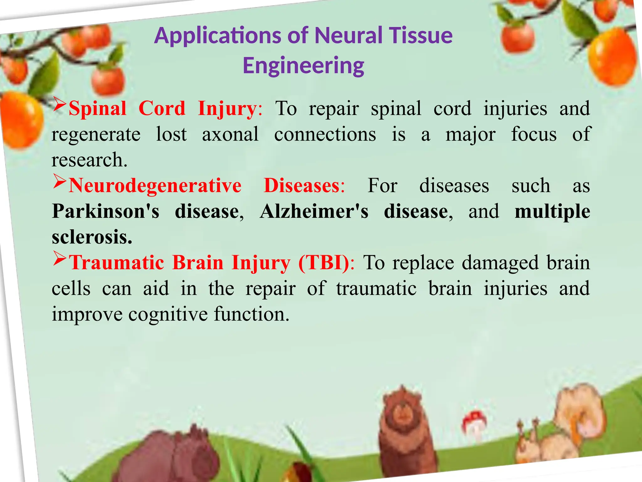 Spinal Cord Injury: To repair spinal cord injuries and
regenerate lost axonal connections is a major focus of
research.
Neurodegenerative Diseases: For diseases such as
Parkinson's disease, Alzheimer's disease, and multiple
sclerosis.
Traumatic Brain Injury (TBI): To replace damaged brain
cells can aid in the repair of traumatic brain injuries and
improve cognitive function.
Applications of Neural Tissue
Engineering
 