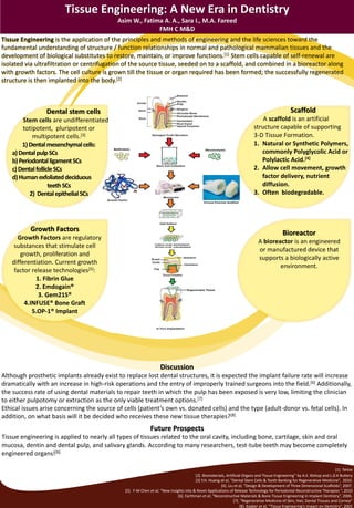 Tissue Engineering: A New Era in Dentistry
Asim W., Fatima A. A., Sara I., M.A. Fareed
FMH C M&D
Tissue Engineering is the application of the principles and methods of engineering and the life sciences toward the
fundamental understanding of structure / function relationships in normal and pathological mammalian tissues and the
development of biological substitutes to restore, maintain, or improve functions.[1] Stem cells capable of self-renewal are
isolated via ultrafiltration or centrifugation of the source tissue, seeded on to a scaffold, and combined in a bioreactor along
with growth factors. The cell culture is grown till the tissue or organ required has been formed; the successfully regenerated
structure is then implanted into the body.[2]

Scaffold

Dental stem cells

A scaffold is an artificial
structure capable of supporting
3-D Tissue Formation.
1. Natural or Synthetic Polymers,
commonly Polyglycolic Acid or
Polylactic Acid.[4]
2. Allow cell movement, growth
factor delivery, nutrient
diffusion.
3. Often biodegradable.

Stem cells are undifferentiated
totipotent, pluripotent or
multipotent cells.[3]
1) Dental mesenchymal cells:
a) Dental pulp SCs
b) Periodontal ligament SCs
c) Dental follicle SCs
d) Human exfoliated deciduous
teeth SCs
2) Dental epithelial SCs

Growth Factors

Bioreactor

Growth Factors are regulatory
substances that stimulate cell
growth, proliferation and
differentiation. Current growth
factor release technologies[5]:
1. Fibrin Glue
2. Emdogain®
3. Gem21S®
4.INFUSE® Bone Graft
5.OP-1® Implant

A bioreactor is an engineered
or manufactured device that
supports a biologically active
environment.

Discussion
Although prosthetic implants already exist to replace lost dental structures, it is expected the implant failure rate will increase
dramatically with an increase in high-risk operations and the entry of improperly trained surgeons into the field.[6] Additionally,
the success rate of using dental materials to repair teeth in which the pulp has been exposed is very low, limiting the clinician
to either pulpotomy or extraction as the only viable treatment options.[7]
Ethical issues arise concerning the source of cells (patient’s own vs. donated cells) and the type (adult-donor vs. fetal cells). In
addition, on what basis will it be decided who receives these new tissue therapies?[8]

Future Prospects
Tissue engineering is applied to nearly all types of tissues related to the oral cavity, including bone, cartilage, skin and oral
mucosa, dentin and dental pulp, and salivary glands. According to many researchers, test-tube teeth may become completely
engineered organs![6]
[1]. Tahoe
[2]. Biomaterials, Artificial Organs and Tissue Engineering” by A.E. Bishop and L.D.K Buttery
[3] Y.H. Huang at al, “Dental Stem Cells & Tooth Banking for Regenerative Medicine”, 2010.
[4]. Liu et al, “Design & Development of Three Dimensional Scaffolds”, 2007.
[5]. F-M Chen et al, “New Insights into & Novel Applications of Release Technology for Periodontal Reconstructive Therapies ”, 2010
[6]. Earthman et al, “Reconstructive Materials & Bone Tissue Engineering in Implant Dentistry”, 2006.
[7]. “Regenerative Medicine of Skin, Hair, Dental Tissues and Cornea”
[8]. Kaigler et al, “Tissue Engineering’s Impact on Dentistry”, 2001

 