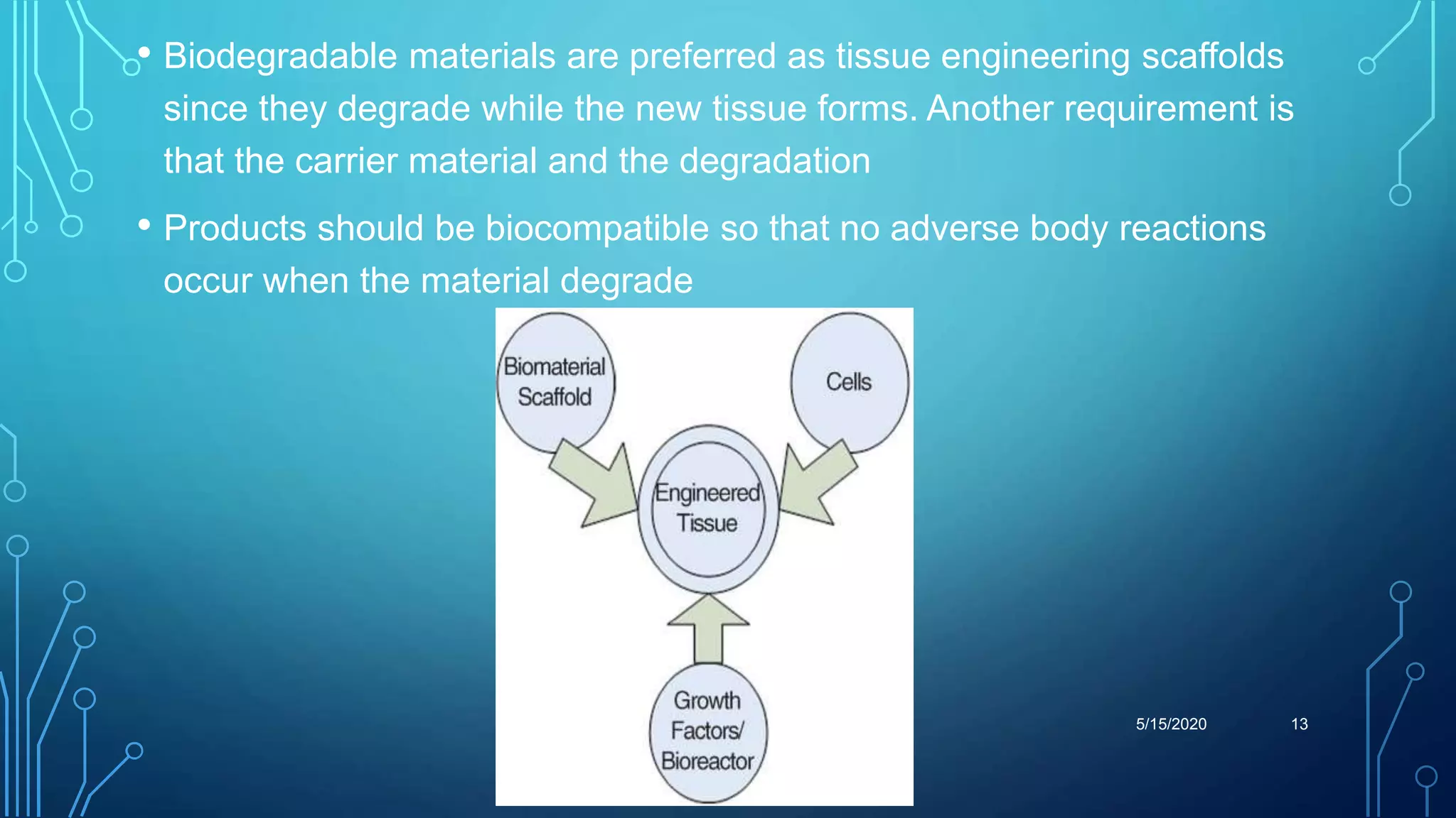 • Biodegradable materials are preferred as tissue engineering scaffolds
since they degrade while the new tissue forms. Another requirement is
that the carrier material and the degradation
• Products should be biocompatible so that no adverse body reactions
occur when the material degrade
5/15/2020 13
 