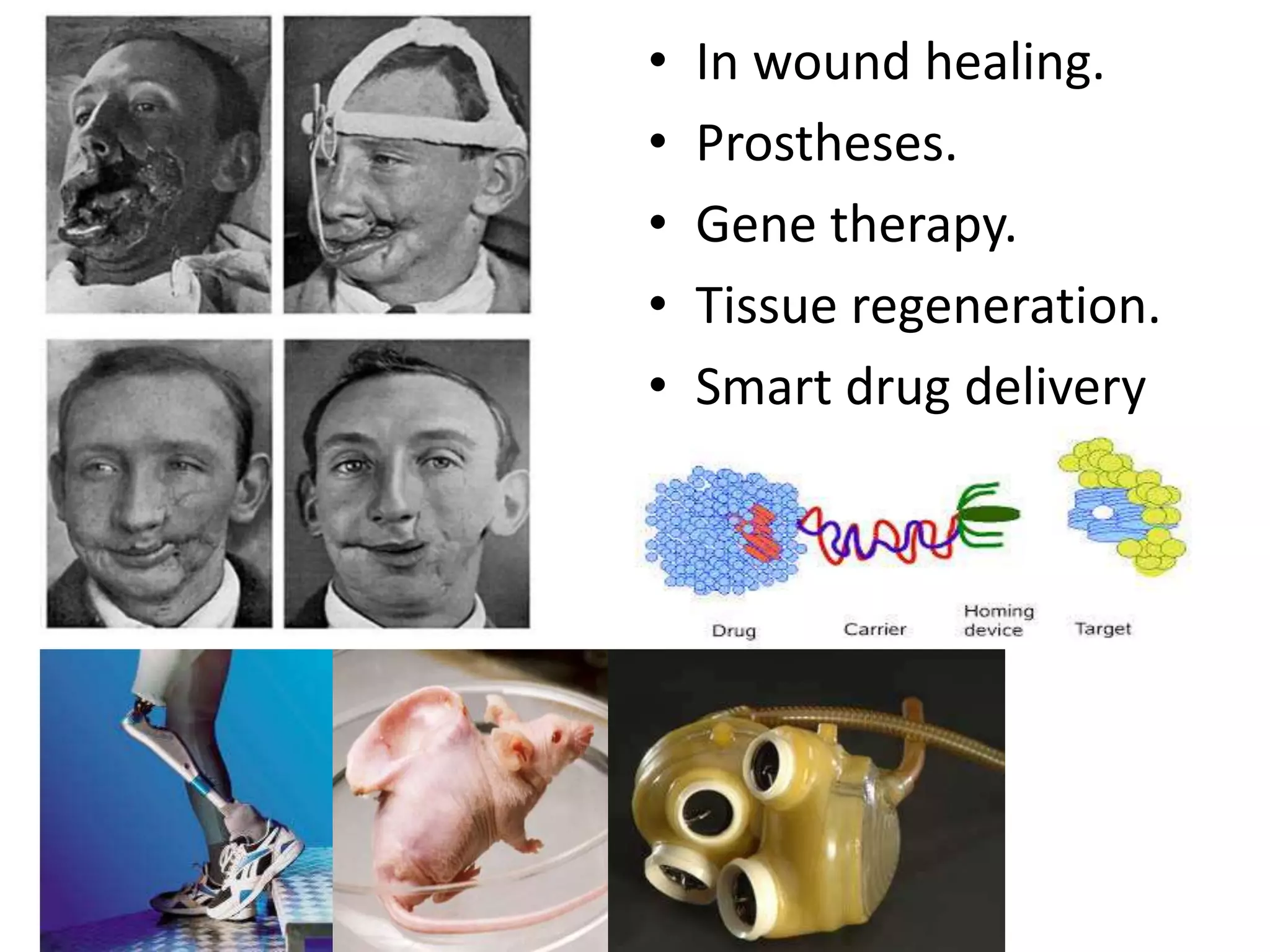 • In wound healing.
• Prostheses.
• Gene therapy.
• Tissue regeneration.
• Smart drug delivery
system
 