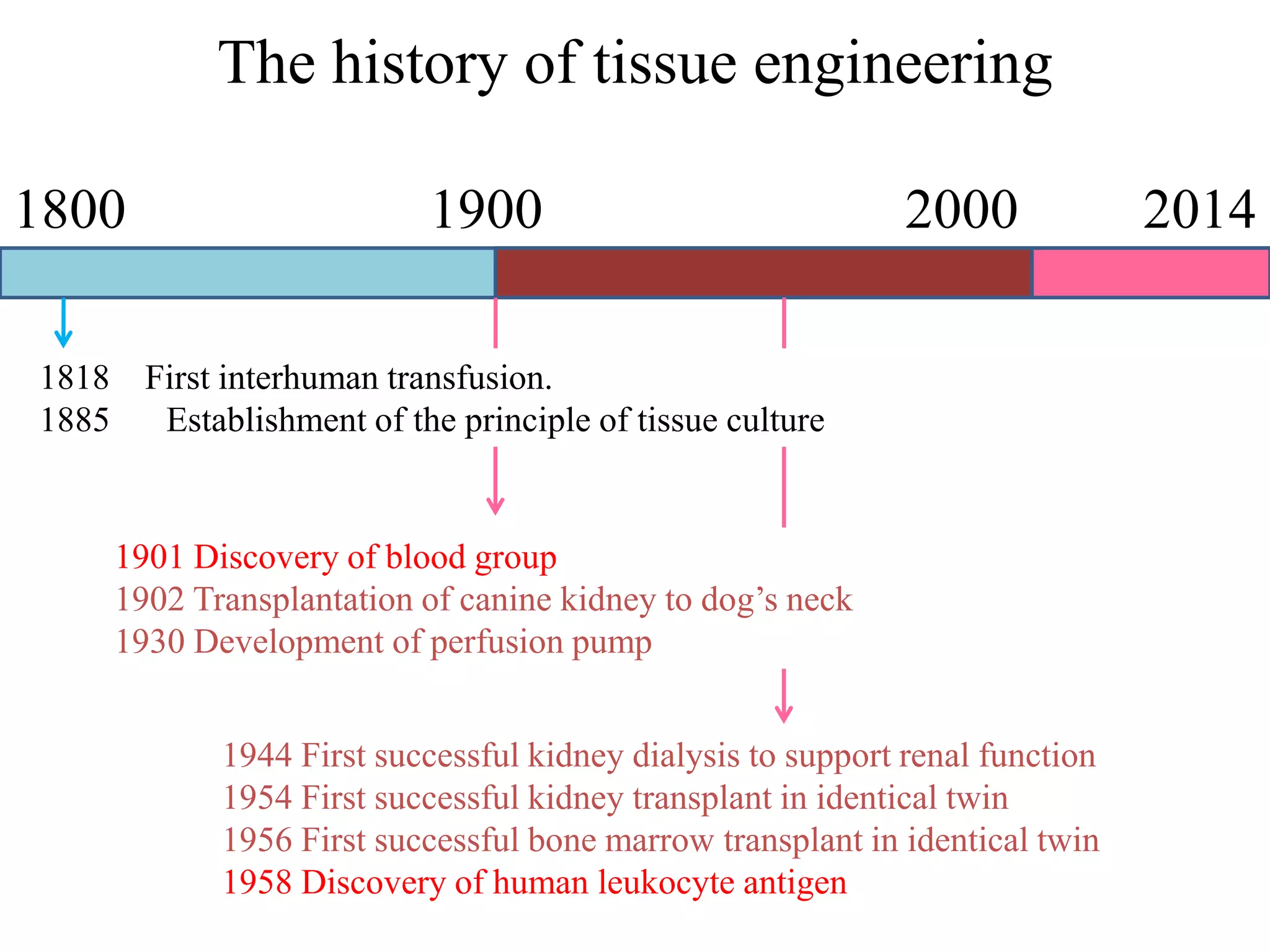 The history of tissue engineering
1800 1900 2000 2014
1901 Discovery of blood group
1902 Transplantation of canine kidney to dog’s neck
1930 Development of perfusion pump
1944 First successful kidney dialysis to support renal function
1954 First successful kidney transplant in identical twin
1956 First successful bone marrow transplant in identical twin
1958 Discovery of human leukocyte antigen
1818 First interhuman transfusion.
1885 Establishment of the principle of tissue culture
 