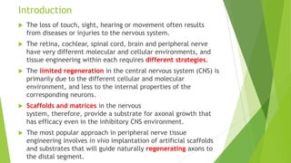 Introduction


The loss of touch, sight, hearing or movement often results
from diseases or injuries to the nervous system.



The retina, cochlear, spinal cord, brain and peripheral nerve
have very different molecular and cellular environments, and
tissue engineering within each requires different strategies.



The limited regeneration in the central nervous system (CNS) is
primarily due to the different cellular and molecular
environment, and less to the internal properties of the
corresponding neurons.



Scaffolds and matrices in the nervous
system, therefore, provide a substrate for axonal growth that
has efficacy even in the inhibitory CNS environment.



The most popular approach in peripheral nerve tissue
engineering involves in vivo implantation of artificial scaffolds
and substrates that will guide naturally regenerating axons to
the distal segment.

 