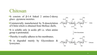 Chitosan
It consists of β-1-4 linked 2 amino-2-deoxy
gluco –pyranose moieties.
Commercially manufactured by N-deacetylation
of Chitin which is obtained from Mollusc shells.
It is soluble only in acidic pH i.e. when amino
group is protonated.
Thereby it readily adheres to bio membranes.
It is degraded mainly by Glycosidases &
lysozymes.
31
 