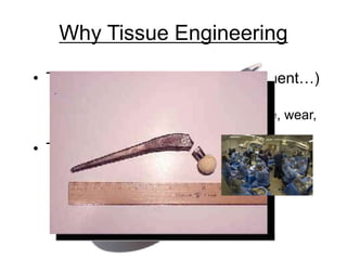 Why Tissue Engineering
• Traditional Implants (hip replacement…)
– Poor biocompatibility
– Mechanical Failure (undergo fatigue, wear,
corrosion)
• Transplants
– Rejection
– Disease transmission
– Supply << Demand
 