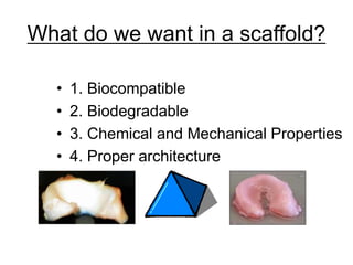 What do we want in a scaffold?
• 1. Biocompatible
• 2. Biodegradable
• 3. Chemical and Mechanical Properties
• 4. Proper architecture
 