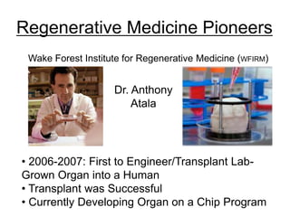 Regenerative Medicine Pioneers
Wake Forest Institute for Regenerative Medicine (WFIRM)
Dr. Anthony
Atala
• 2006-2007: First to Engineer/Transplant Lab-
Grown Organ into a Human
• Transplant was Successful
• Currently Developing Organ on a Chip Program
 
