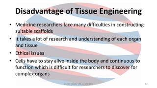 Disadvantage of Tissue Engineering
• Medicine researchers face many difficulties in constructing
suitable scaffolds
• It takes a lot of research and understanding of each organ
and tissue
• Ethical issues
• Cells have to stay alive inside the body and continuous to
function which is difficult for researchers to discover for
complex organs
ALOK YADAV (M.sc MICRO) 12
 