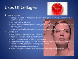 Uses Of Collagen
 Industrial Uses
 Collagen is used as temporary thermoplastic glues in musical instruments like
violin and guitar .
 Recently used as a fertilizer
 Gelatin derived from the partial hydrolysis of collagen is used in food products like
desserts, jellies.
 It is also used in pharmaceutical, cosmetic, and photography industries.
 Medical uses
 Mild benefit to rheumatoid arthritis patients.
 Keeps the valvular leaflets of heart in shape.
 Helps in the deposition of calcium during aging.
 Used in cosmetic surgery, for burn patients for reconstruction of bone and a wide
variety of dental, orthopedic and surgical purposes.
 Main ingredient of cosmetic makeup.
 Human collagen is used for immunosuppression during transplantation.
 