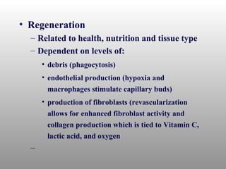 • Regeneration
  – Related to health, nutrition and tissue type
  – Dependent on levels of:
      • debris (phagocytosis)
      • endothelial production (hypoxia and
        macrophages stimulate capillary buds)
      • production of fibroblasts (revascularization
        allows for enhanced fibroblast activity and
        collagen production which is tied to Vitamin C,
        lactic acid, and oxygen
  –
 