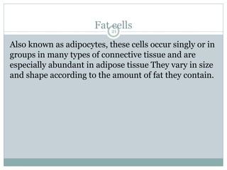 Fat cells
21
Also known as adipocytes, these cells occur singly or in
groups in many types of connective tissue and are
especially abundant in adipose tissue They vary in size
and shape according to the amount of fat they contain.
 